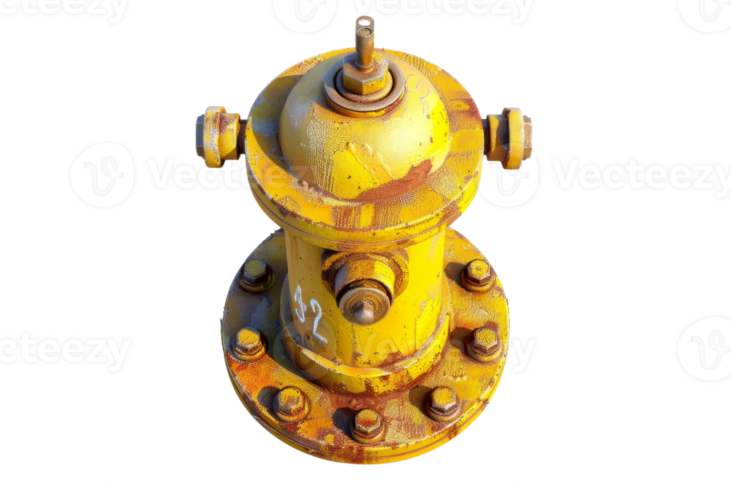 Close-up of a weathered yellow fire hydrant with rust stains, isolated on a transparent background. showcasing urban decay and industrial design. png