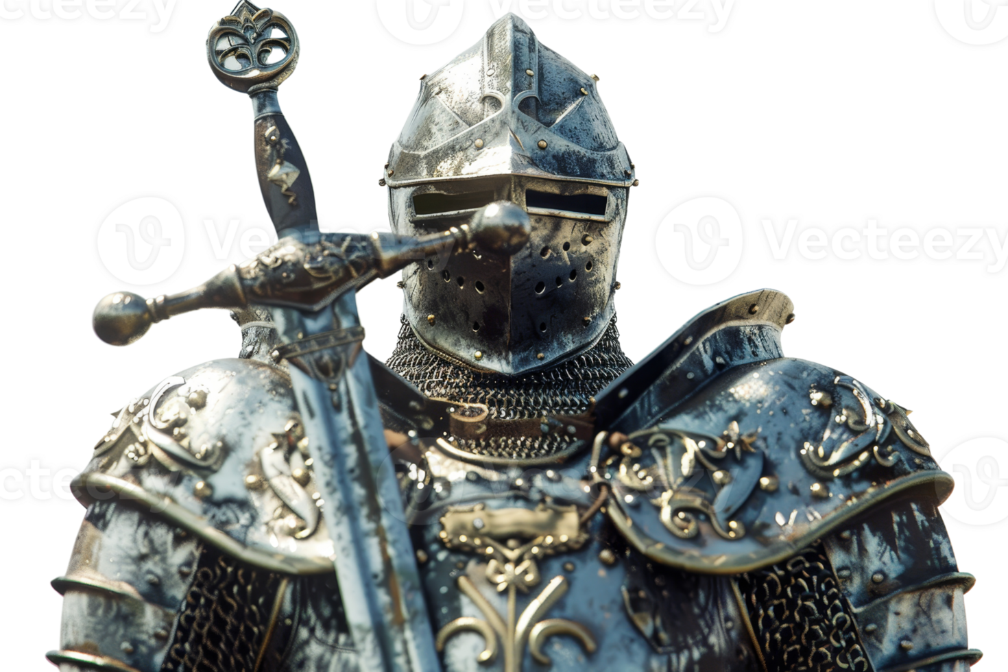 Close-up of a medieval knight in ornate armor, holding a sword. The knight is wearing a decorated helmet and suit of armor. png