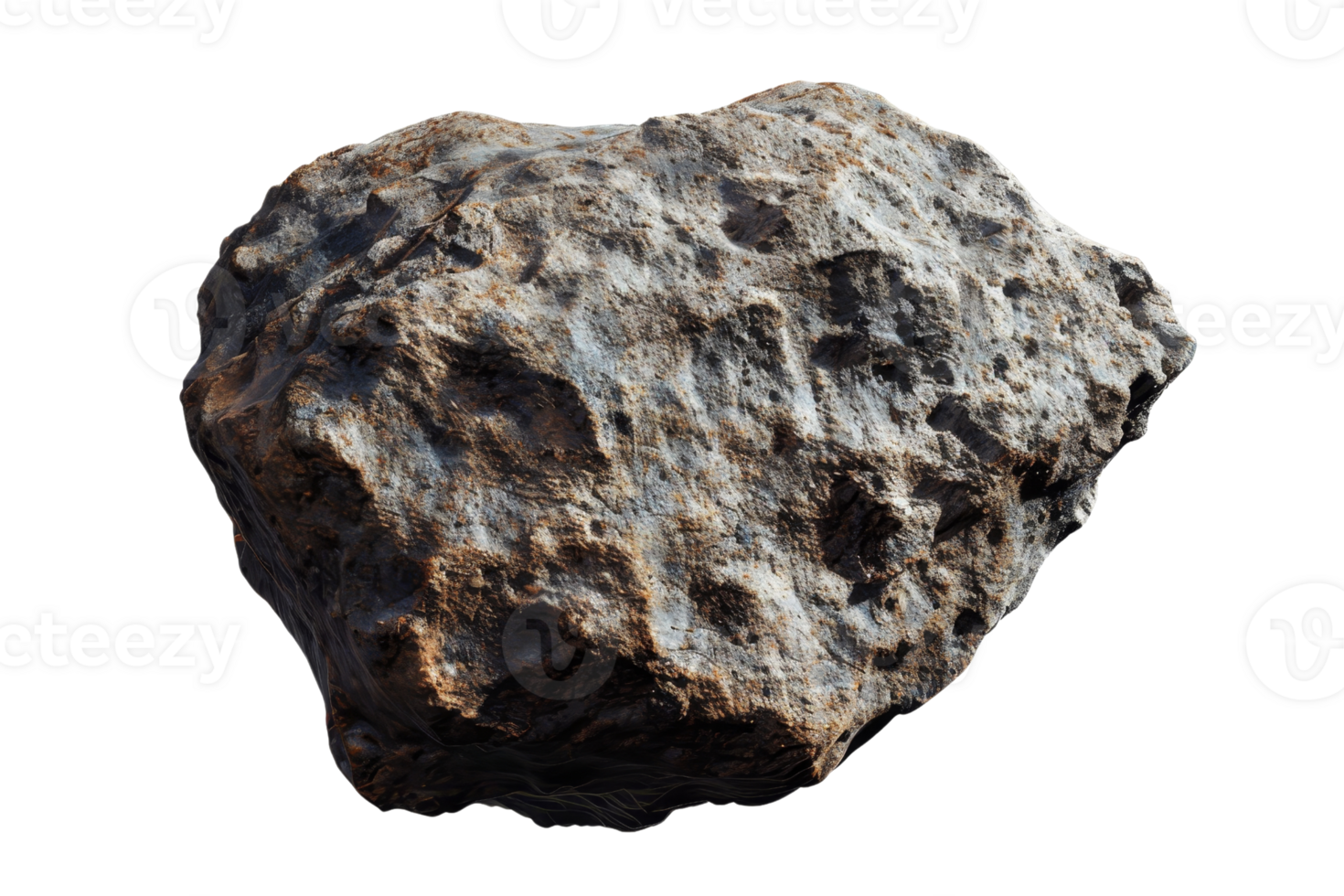 Closeup of a rough, weathered rock with uneven texture and natural coloring isolated on a transparent background. png
