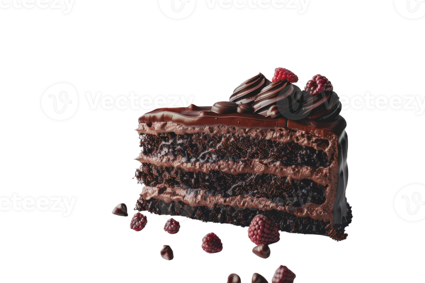 Decadent slice of rich chocolate cake layered with creamy frosting and garnished with fresh raspberries, perfect for dessert imagery. png