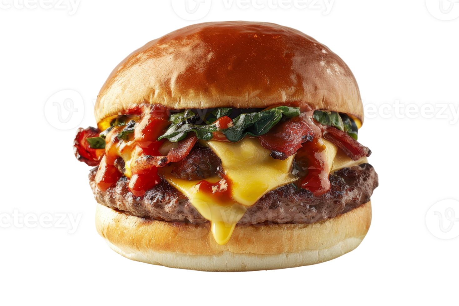 Close-up of a delicious cheeseburger with melted cheese, fresh spinach, and caramelized onions on a toasted bun. png