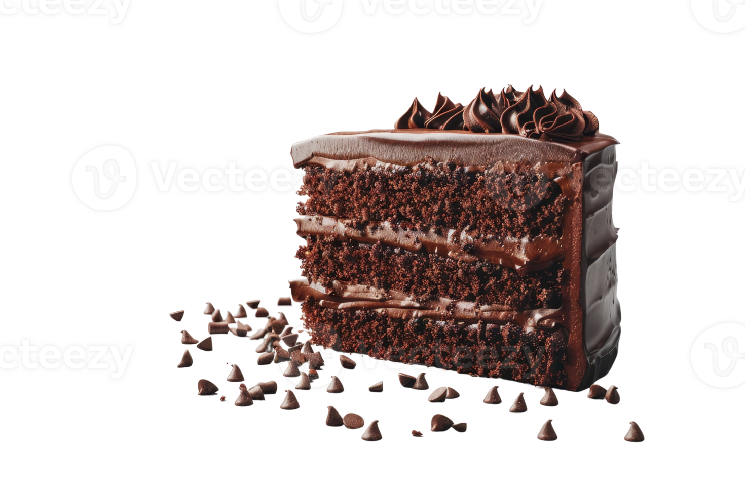 Decadent slice of chocolate cake with rich frosting, perfect for dessert lovers and special occasions. Surrounded by chocolate chips. png