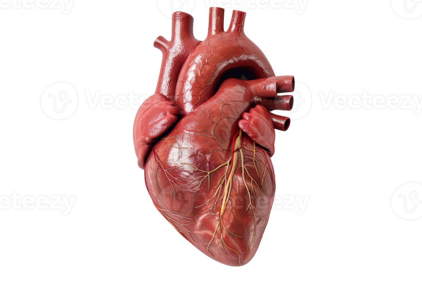 Detailed anatomical model of the human heart showcasing arteries and veins, perfect for educational and medical use. png