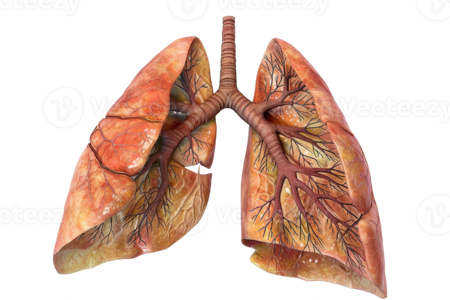 Detailed 3D illustration of human lungs showing anatomy and bronchi structure, suitable for medical and educational use. png