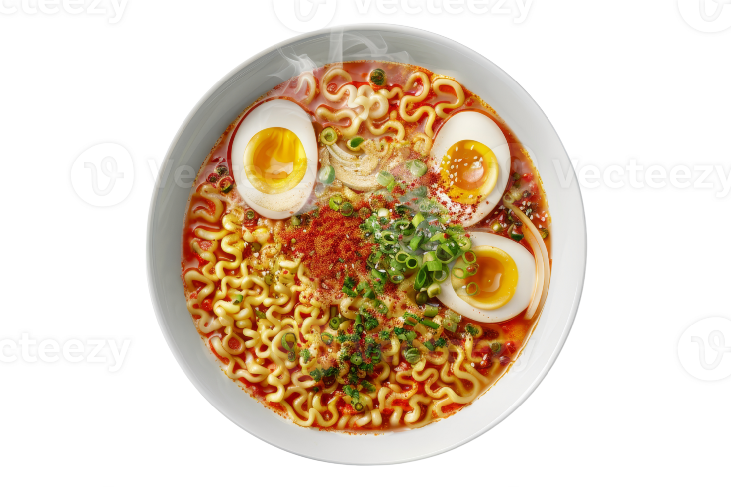 Delicious steaming bowl of spicy ramen noodles topped with soft-boiled eggs, green onions, and seaweed for a flavorful meal. png
