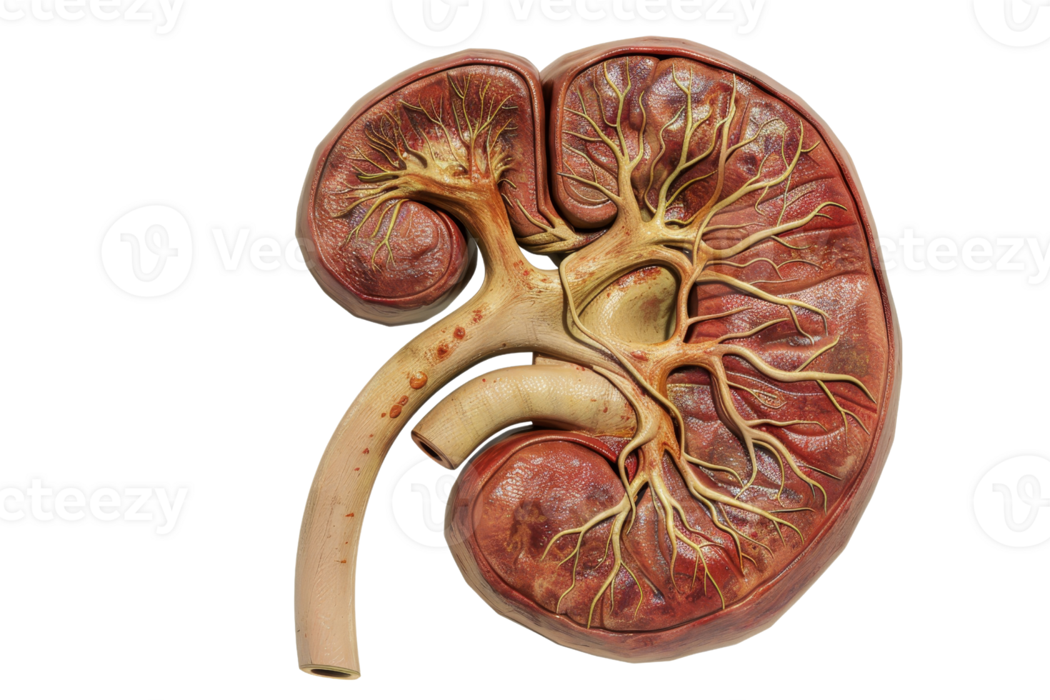 Detailed anatomical model of a human kidney showing internal structures including veins and arteries, ideal for medical education and study. png