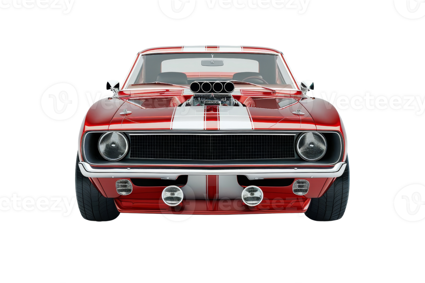 Front view of a red classic muscle car with white racing stripes, powerful engine, and chrome details, isolated on transparent background. png