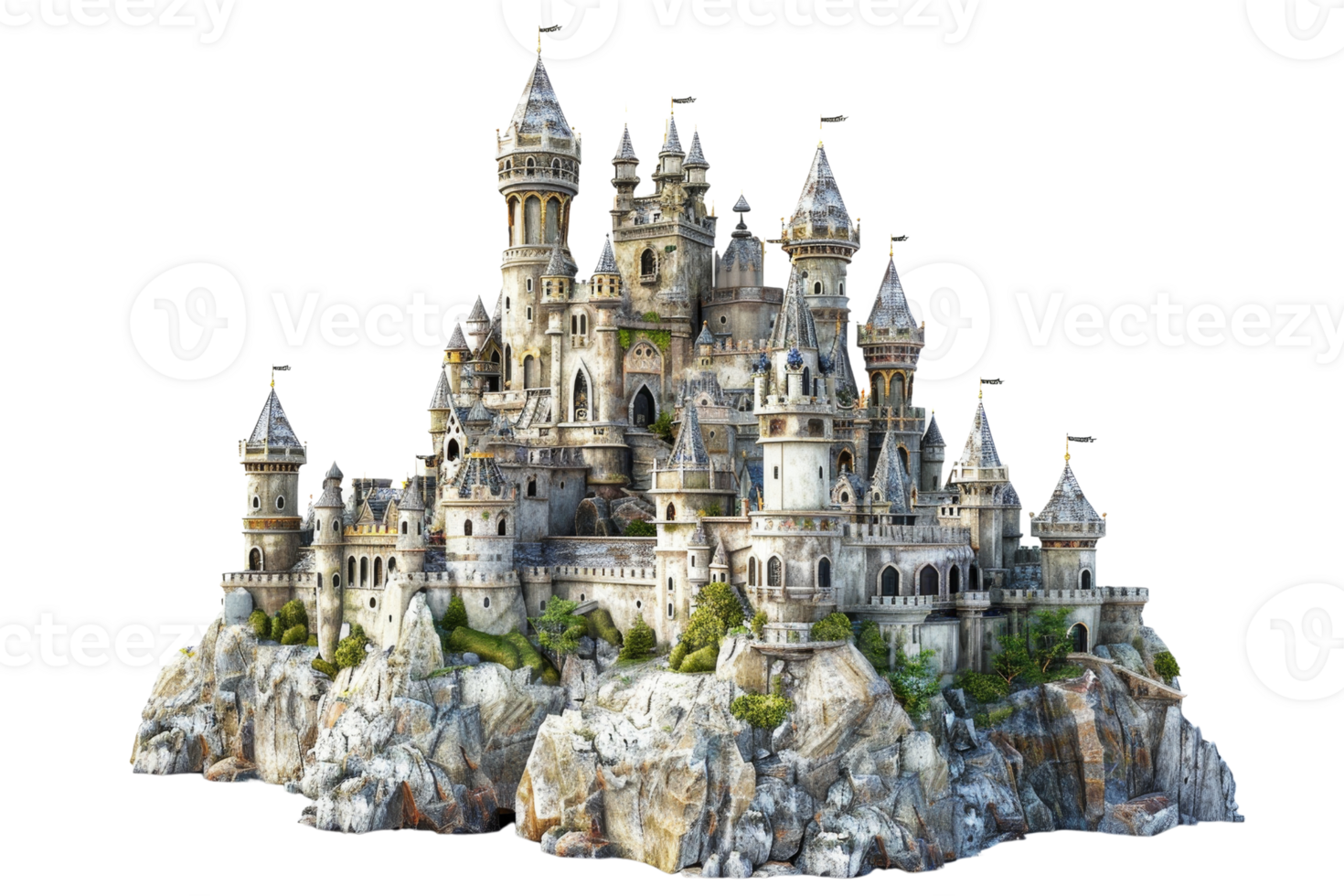 Enchanting medieval castle perched on rocky landscape, featuring turrets and towers, isolated on transparent background. png