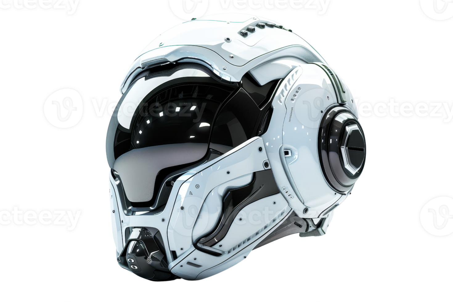 Futuristic white helmet with sleek design, black visor, and modern technology. Perfect for sci-fi settings, virtual reality, and cosplay enthusiasts. png