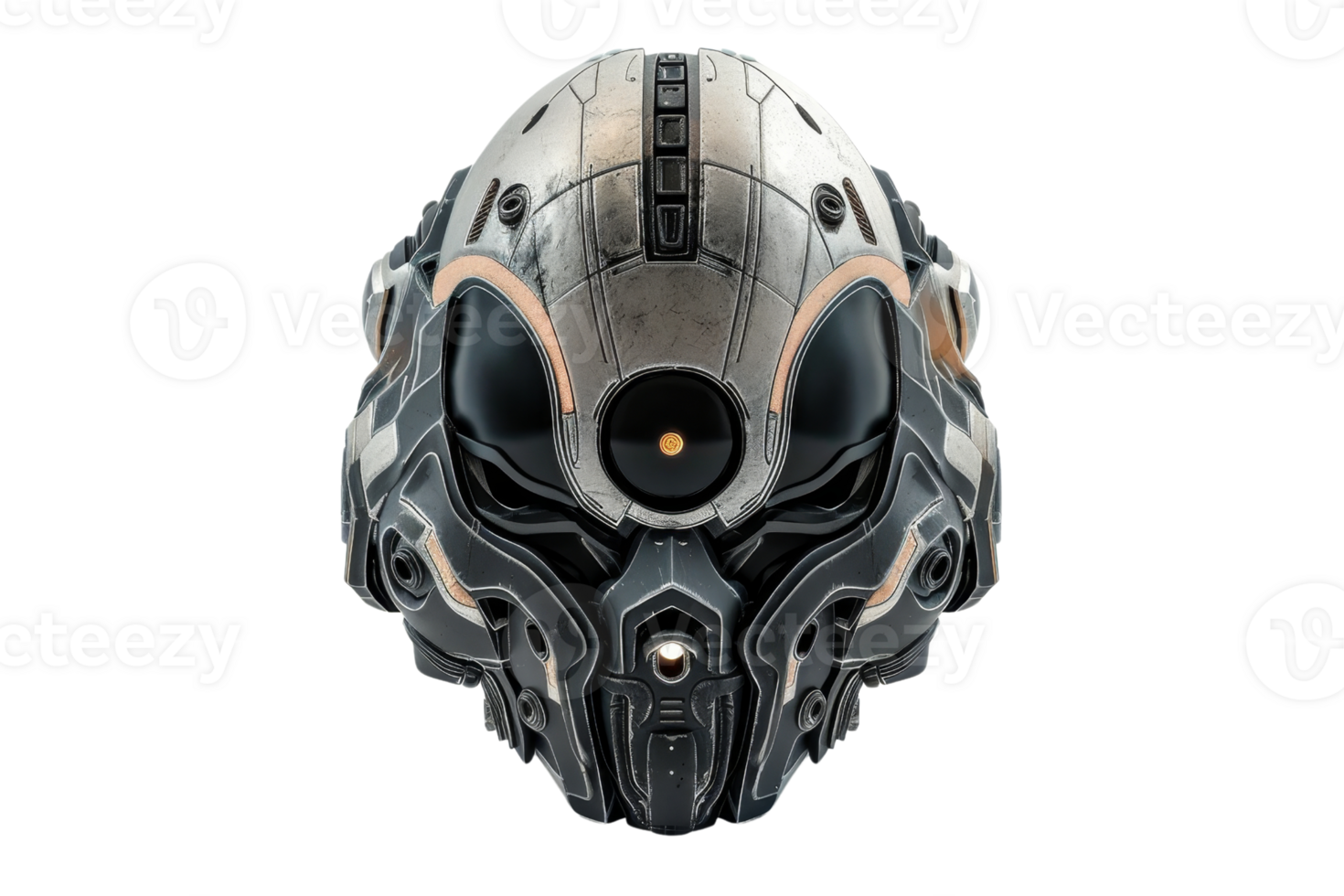 Futuristic robotic helmet with intricate design, showcasing advanced technology and sci-fi aesthetics. Ideal for tech, gaming, and sci-fi themes. png