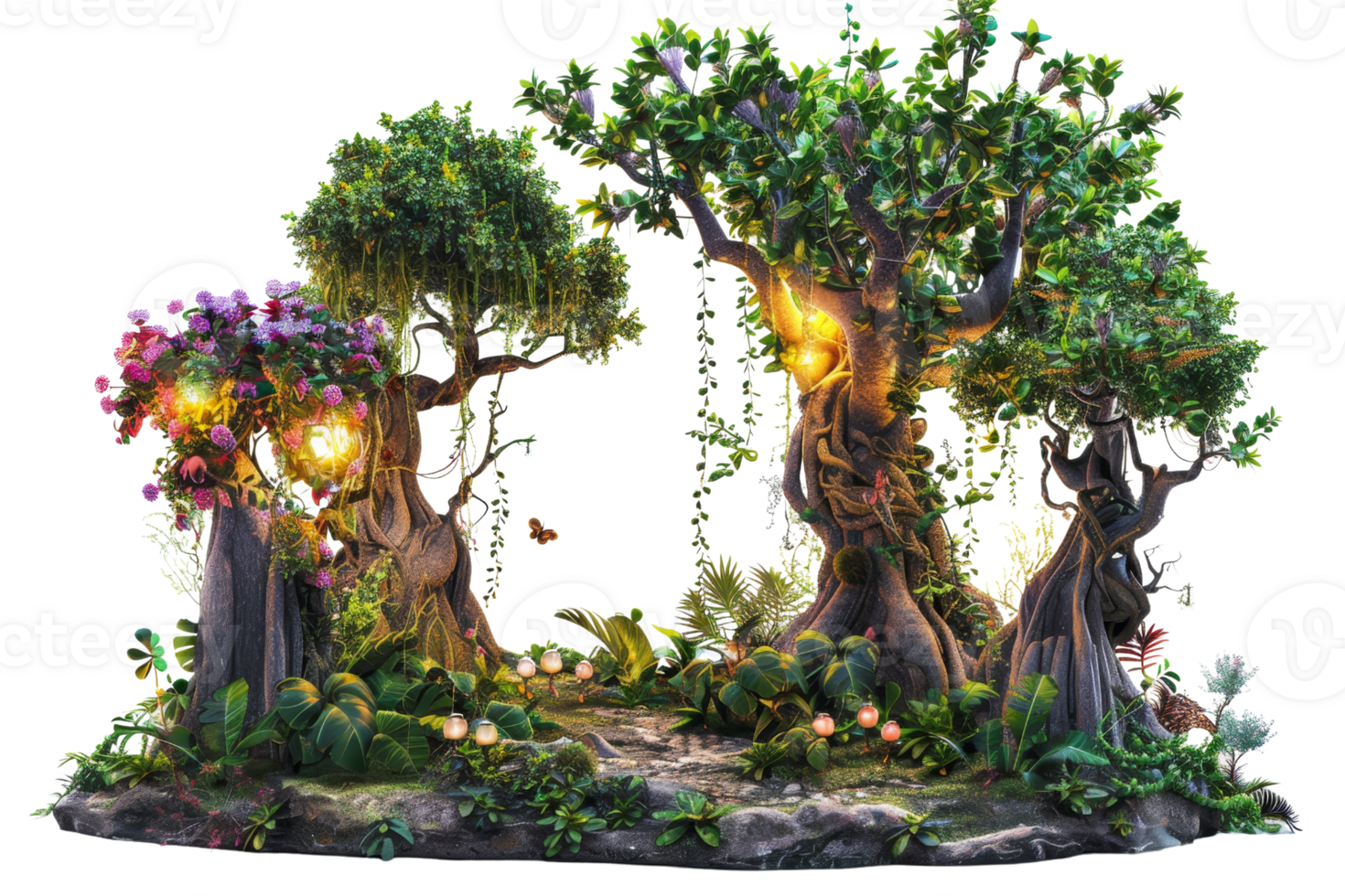 Enchanted forest scene featuring luminous trees, vibrant flowers, and rich greenery. Perfect for fantasy settings and magical environments. png