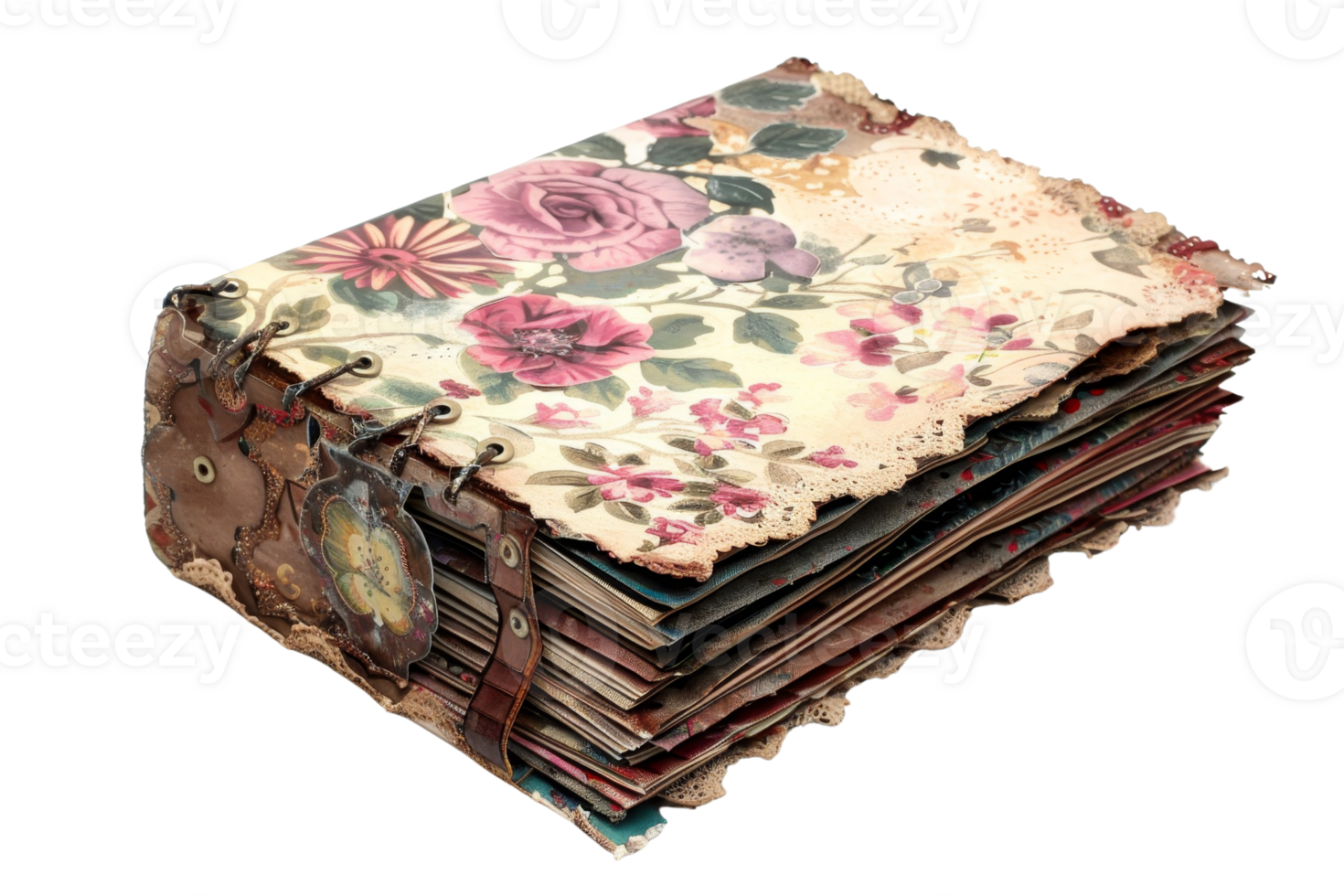 A photo of a vintage book with a floral pattern on the cover. The book is closed and has a leather strap wrapped around it. png