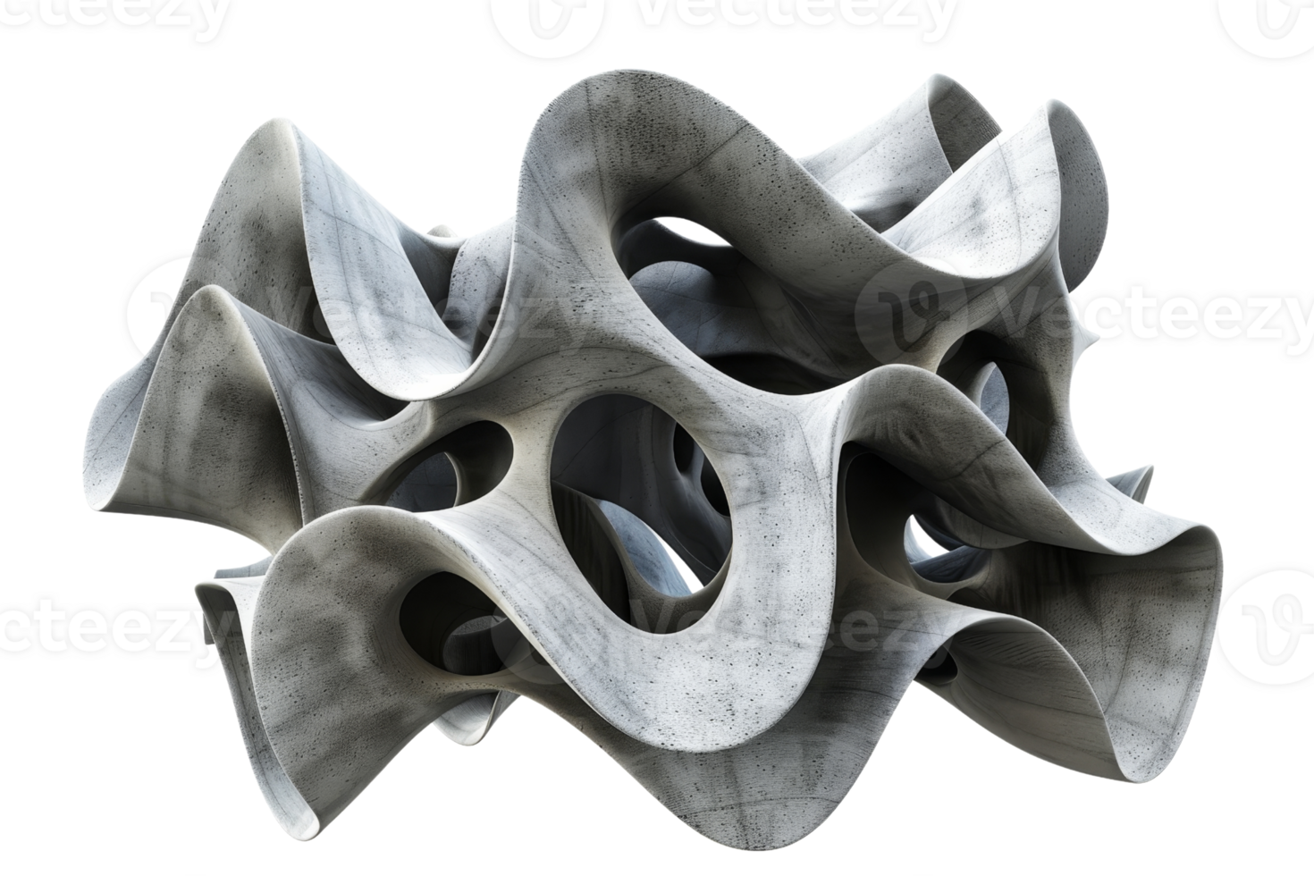 Abstract 3D sculpture with wavy, fluid shapes and complex forms, creating an intriguing artistic structure in neutral tones. png