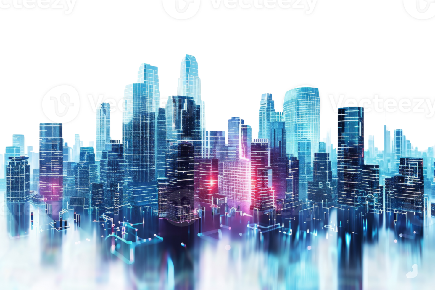 Futuristic cityscape with glowing skyscrapers, showcasing modern architecture and advanced technology under a misty, neon-lit sky. png