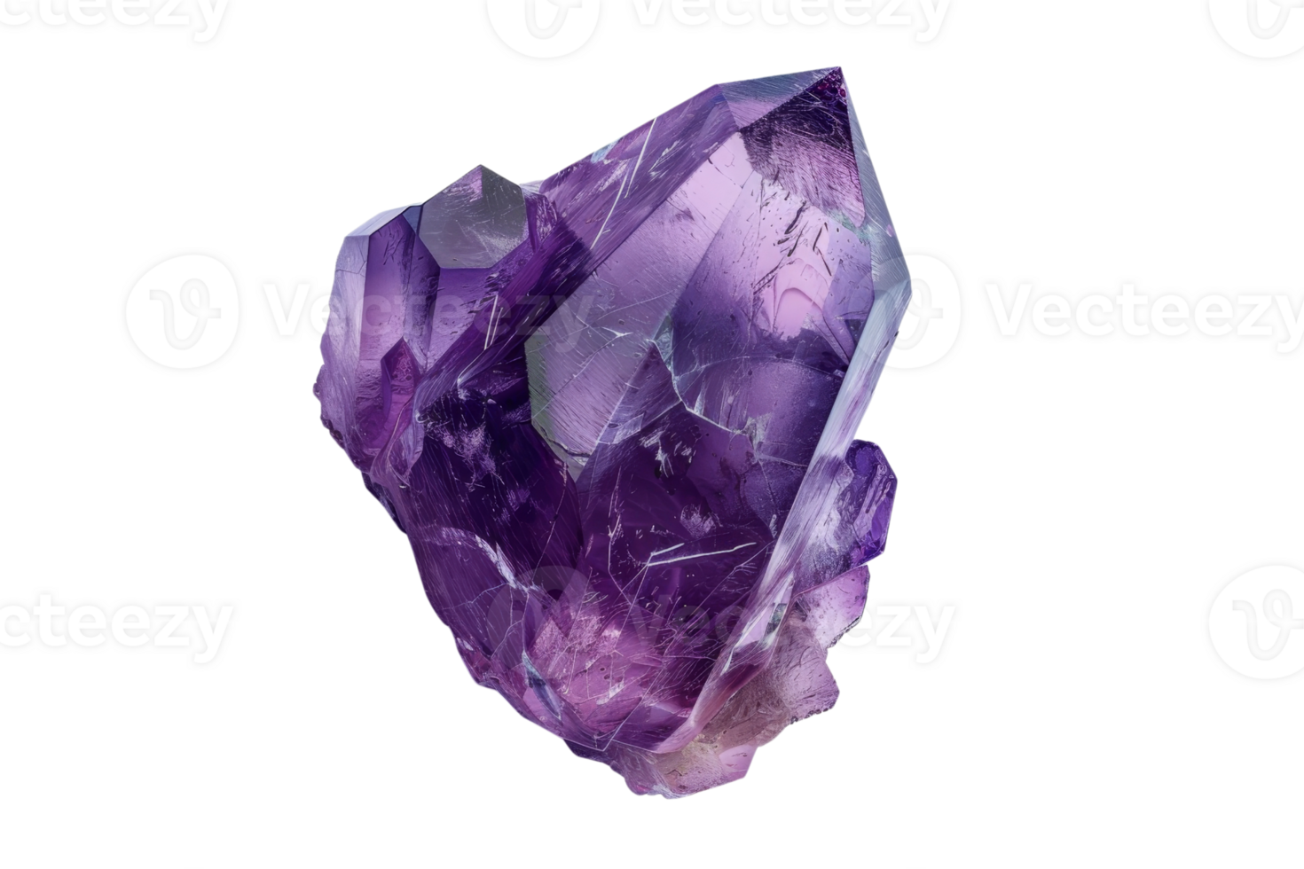 Close-up of a stunning purple amethyst crystal, showcasing its vibrant color, natural formations, and unique texture. png