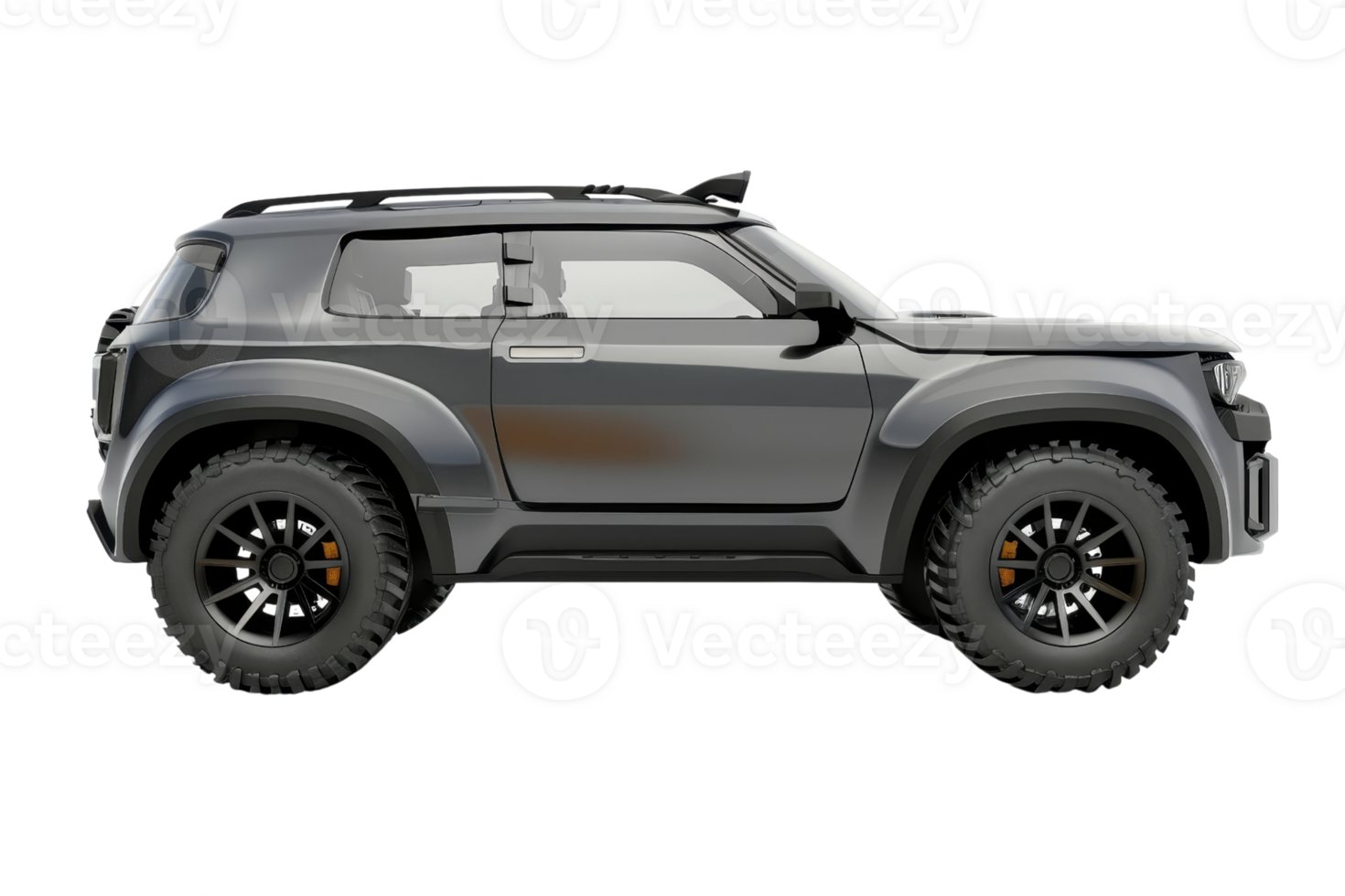 Isolated, side view of a modern, black, off-road SUV with rugged tires and a compact design on a transparent background. png