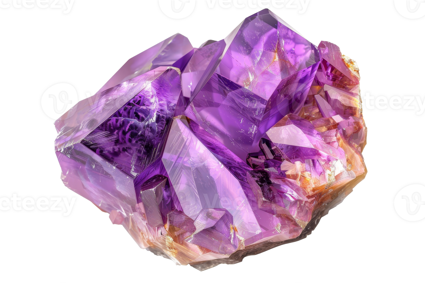 Close-up of a stunning purple amethyst crystal, featuring intricate and vibrant formations, perfect for gem enthusiasts and nature lovers. png