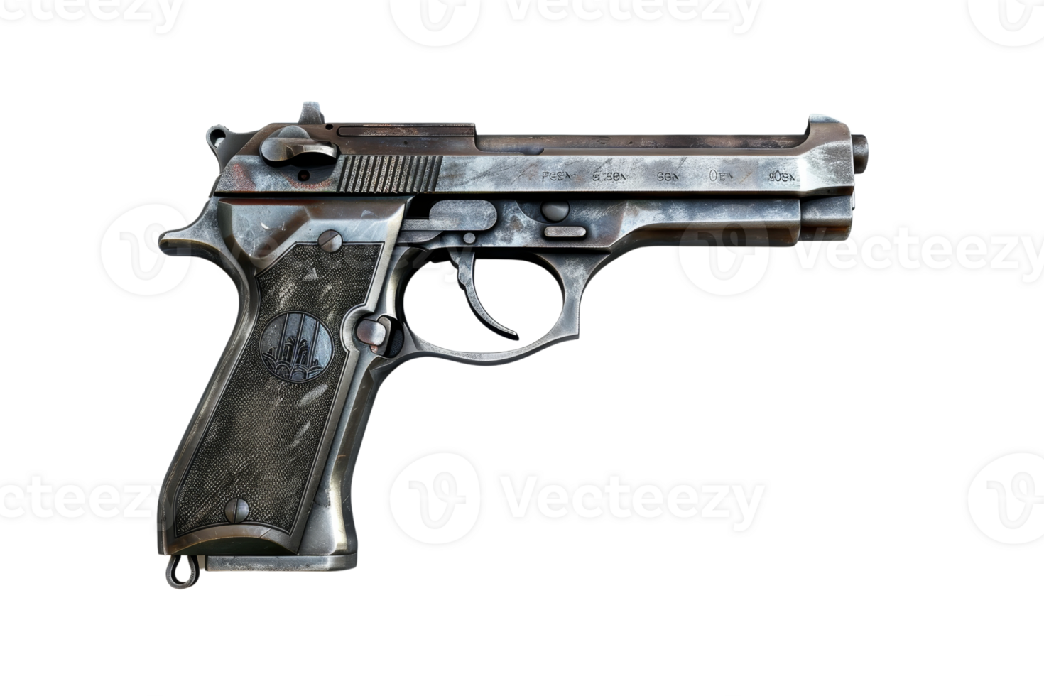 High-resolution image of a vintage automatic pistol, showcasing the intricate details and wear of the firearm, isolated on transparent background. png