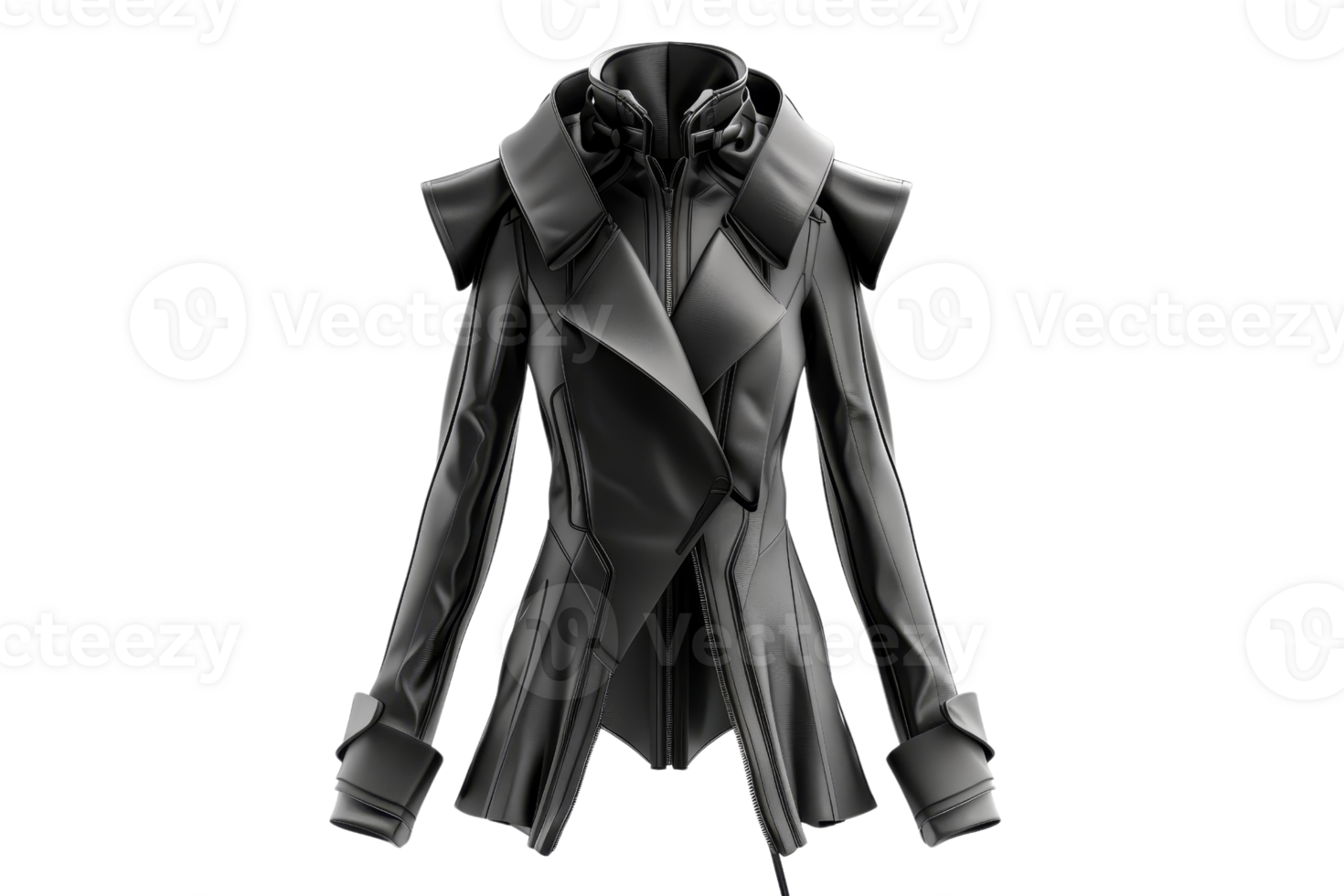 Stylish black leather jacket on transparent background. showcasing modern fashion design with unique details and a sleek look. png