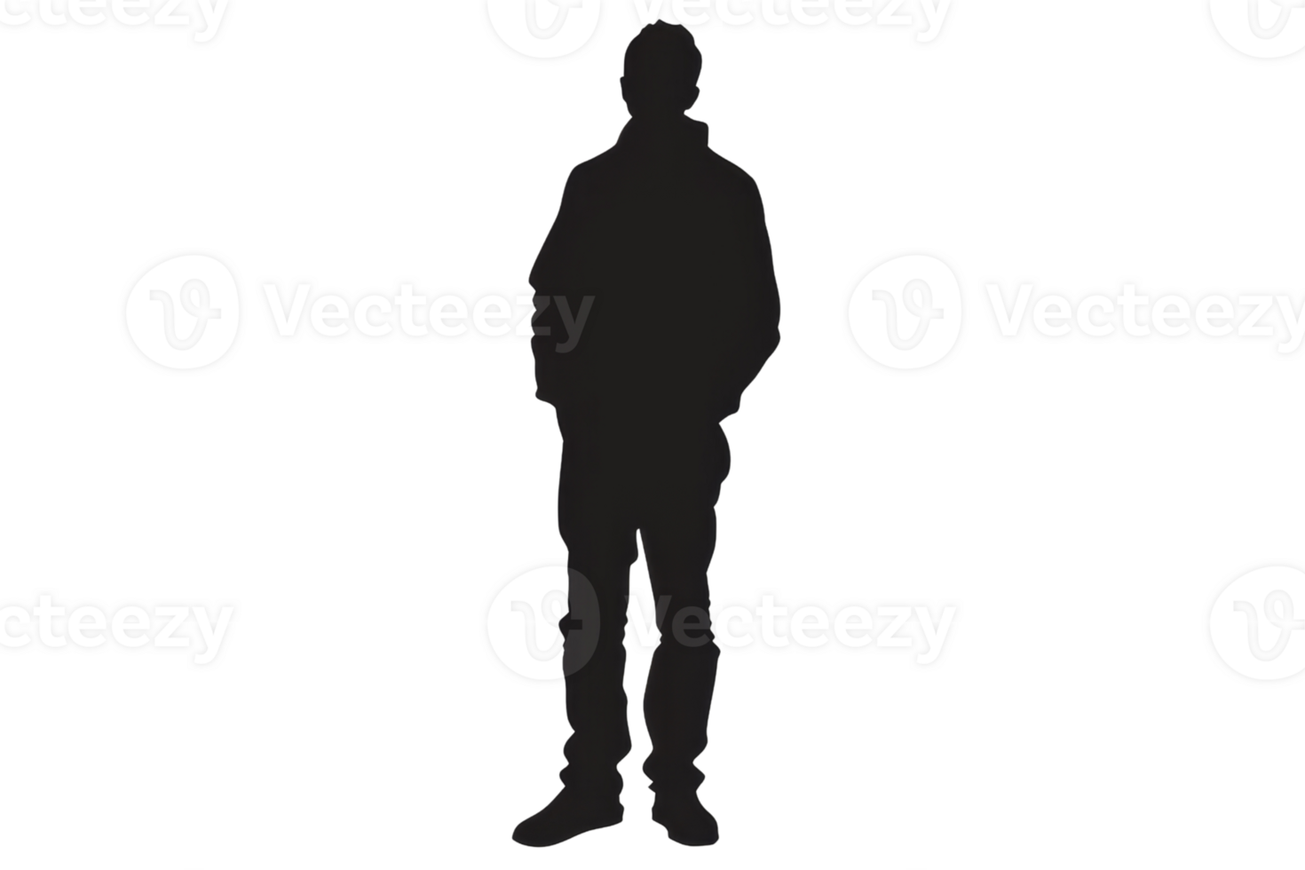 noir silhouette de une la personne permanent avec leur mains à leur côtés. le la personne est portant une à manches longues chemise et pantalon. le Contexte est blanche. png