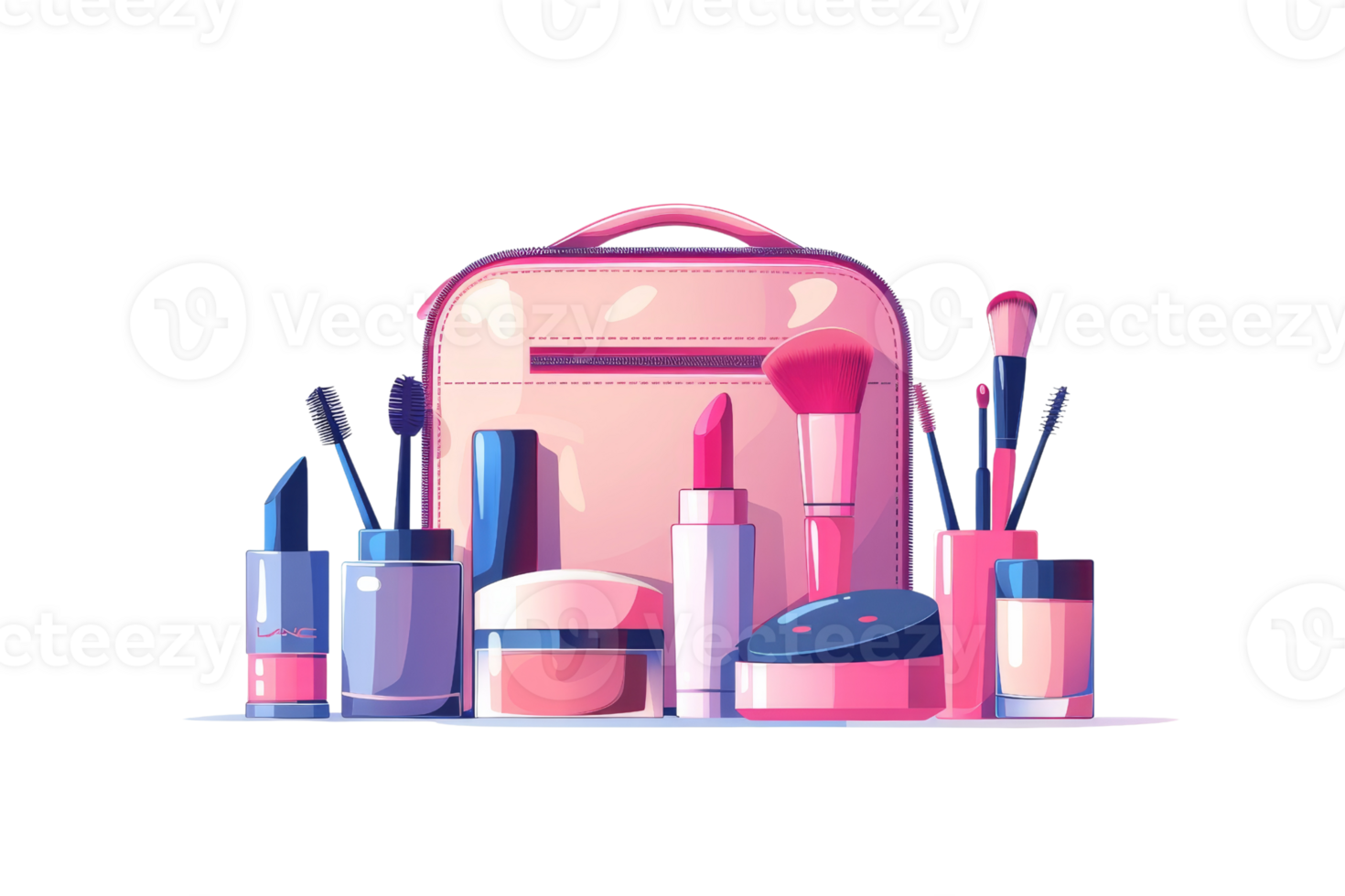 set of make-up products including lipstick, powder, blush and mascara. The products are arranged in a pink make-up bag. png