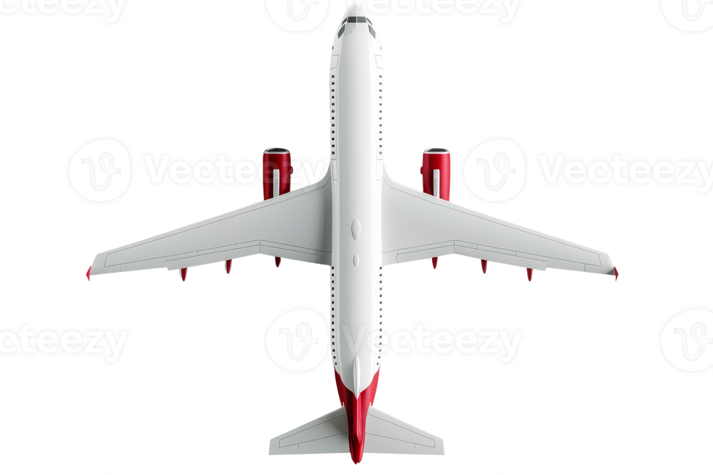 Top view of a commercial airplane in flight. Image captures the aircraft's detailed design and aerodynamics against a transparent background. png