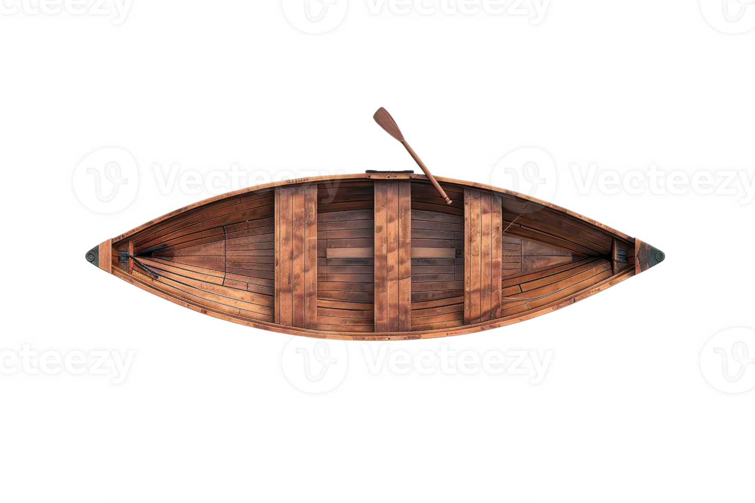 Top view of a handcrafted wooden rowboat with an oar, capturing the essence of nautical craftsmanship. png