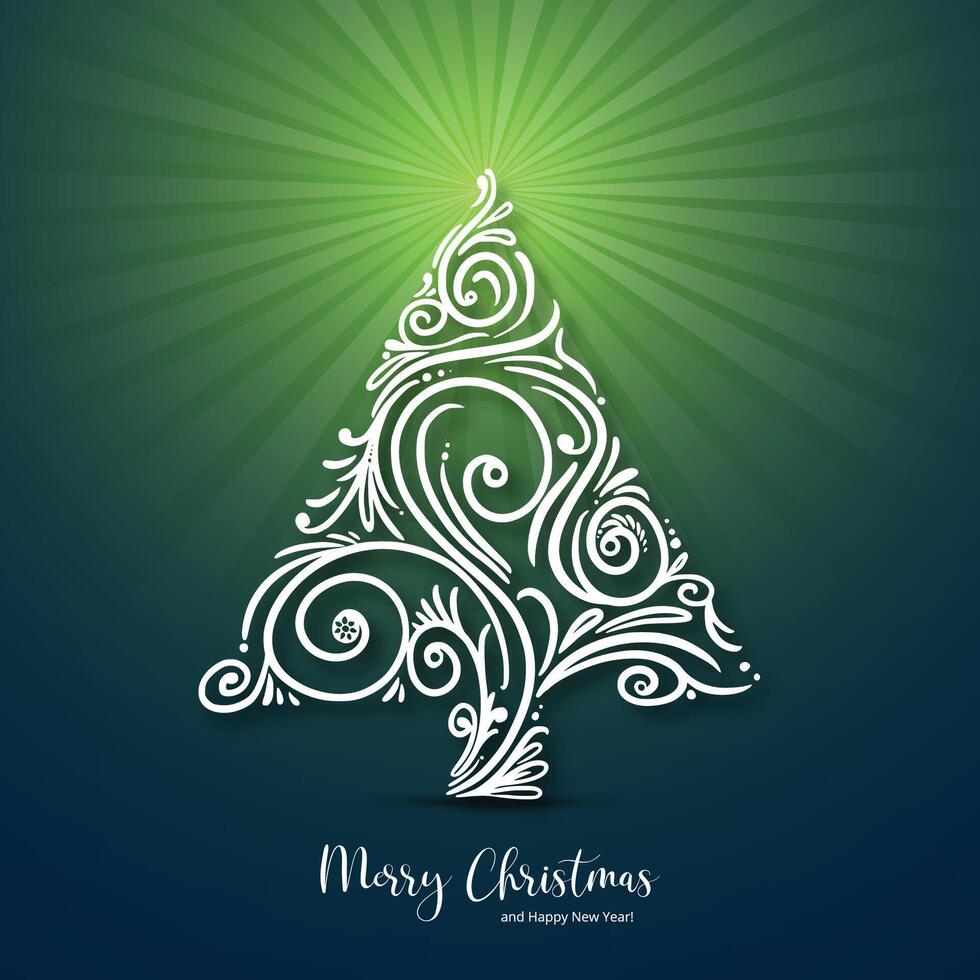 Beautiful floral christmas tree greeting card green background vector