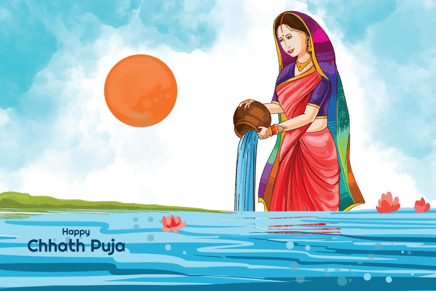 Indian women for happy chhath puja with background and sun vector