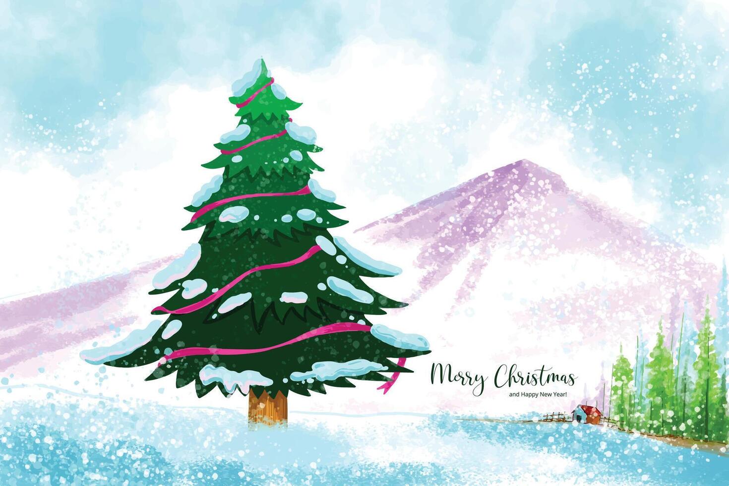 Impressive christmas trees in winter landscape with snow card background vector