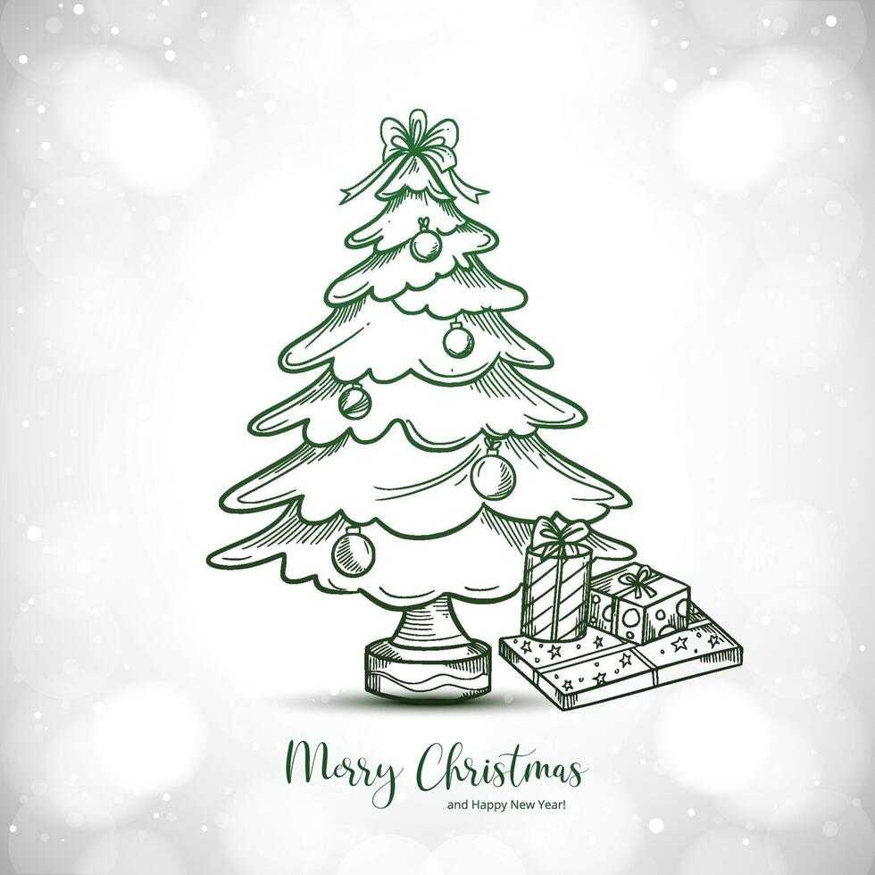 Hand draw outline christmas tree greeting card background vector