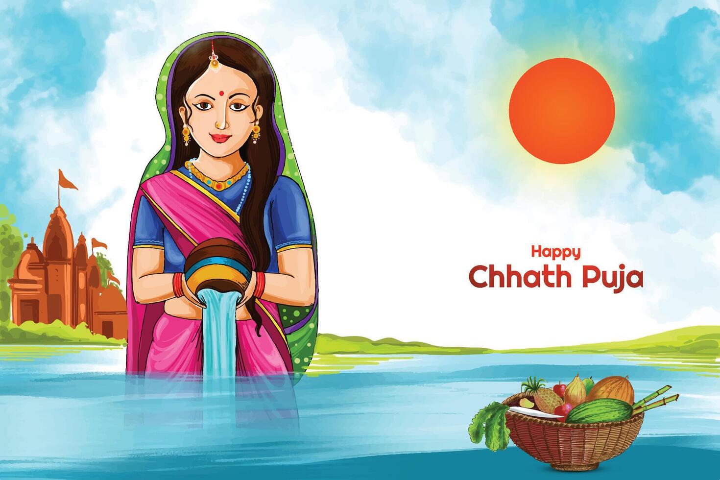 Indian women for happy chhath Puja with background and sun vector