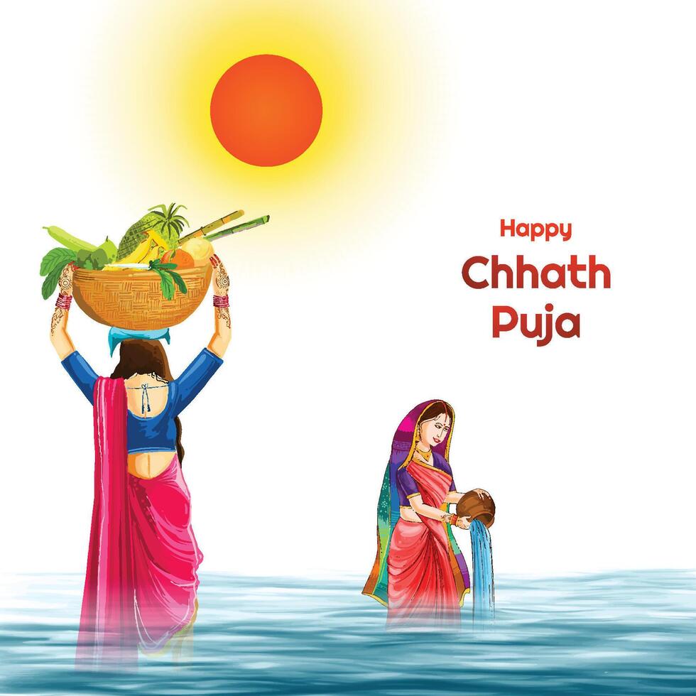 Indian women for happy chhath puja with background and sun vector