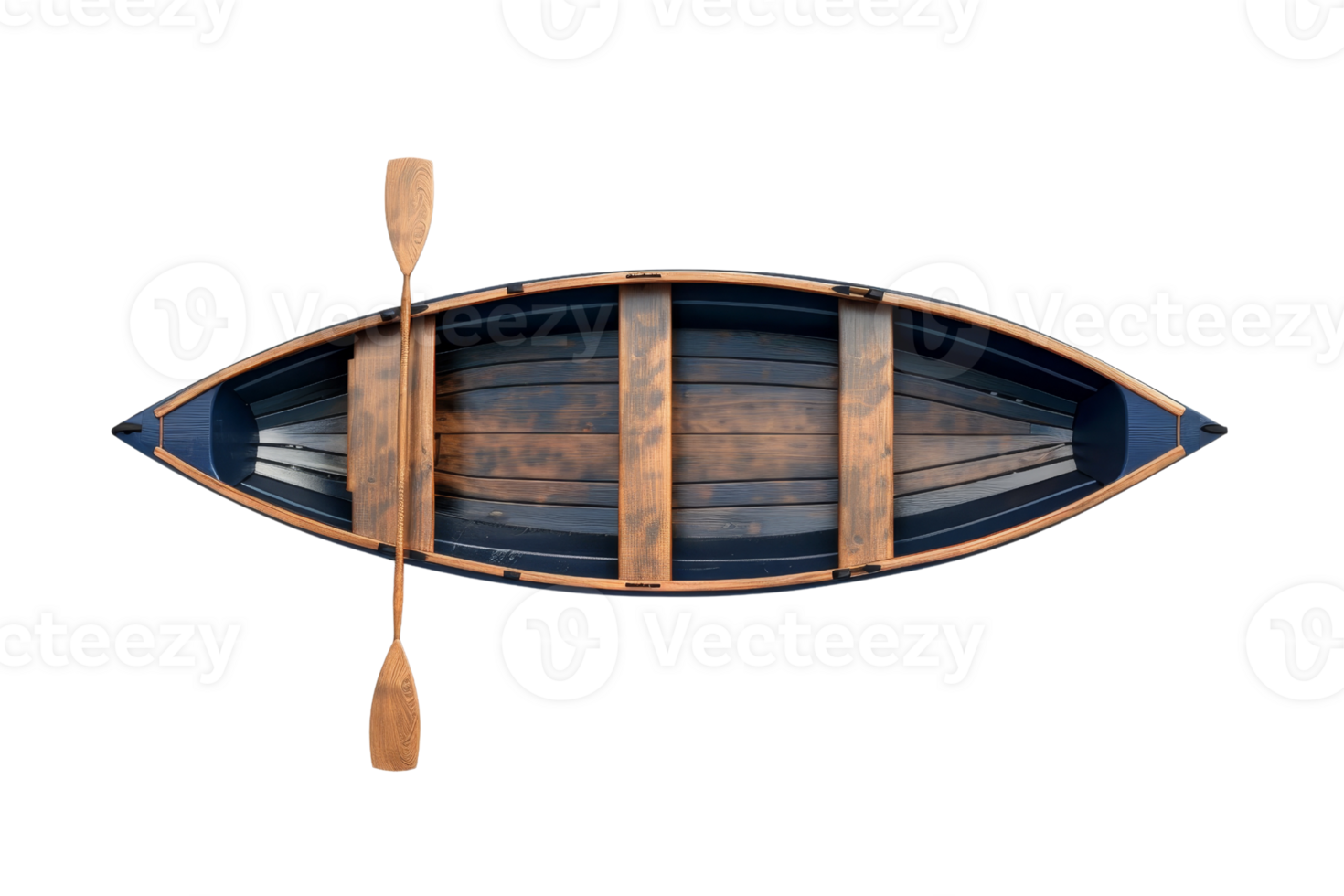 Top view of a wooden rowboat with a single paddle on a transparent background. Ideal for outdoor and nautical themes. png