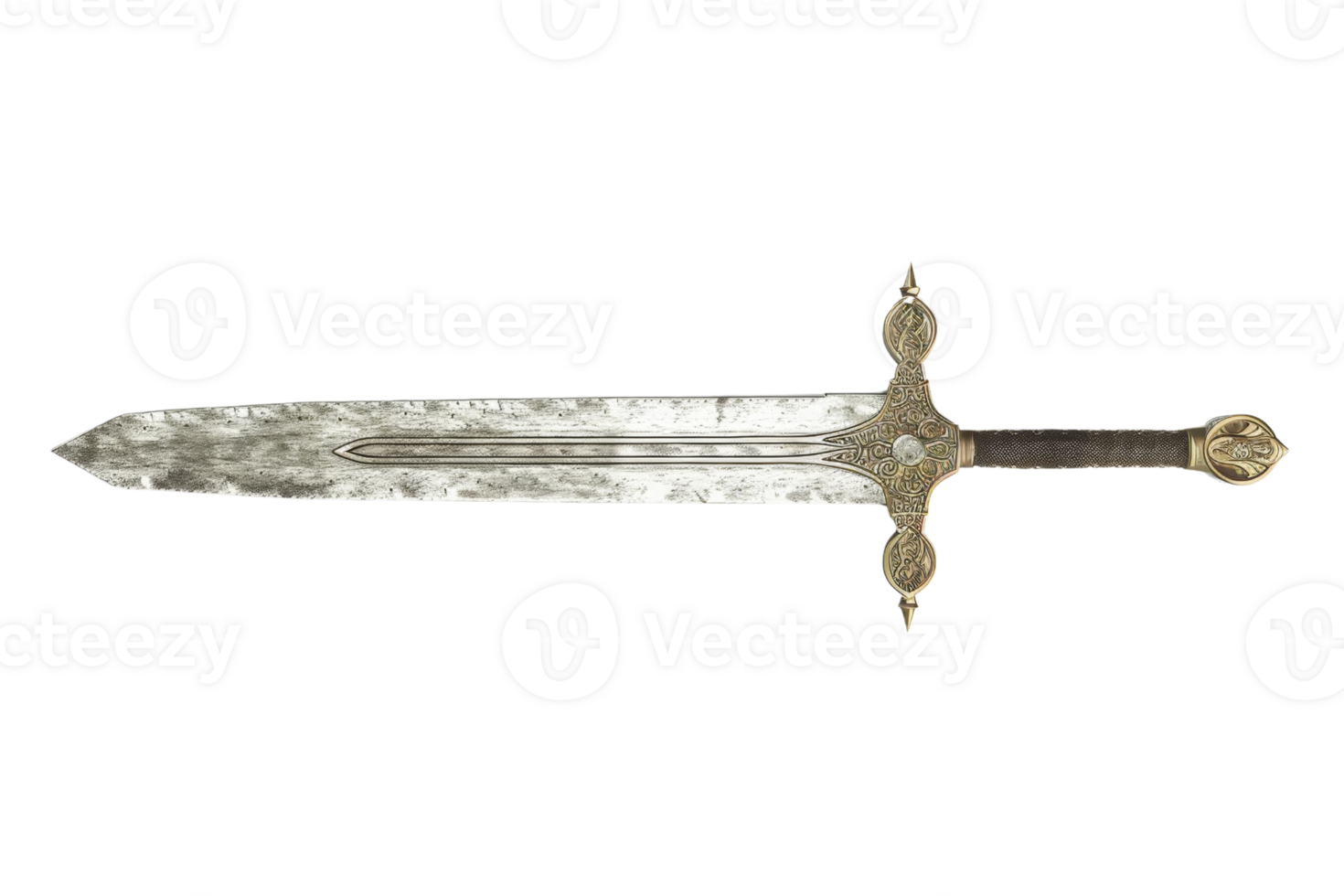 Vintage medieval sword with intricate design on the hilt and a weathered blade on a transparent background. ideal for historical or fantasy themed projects. png