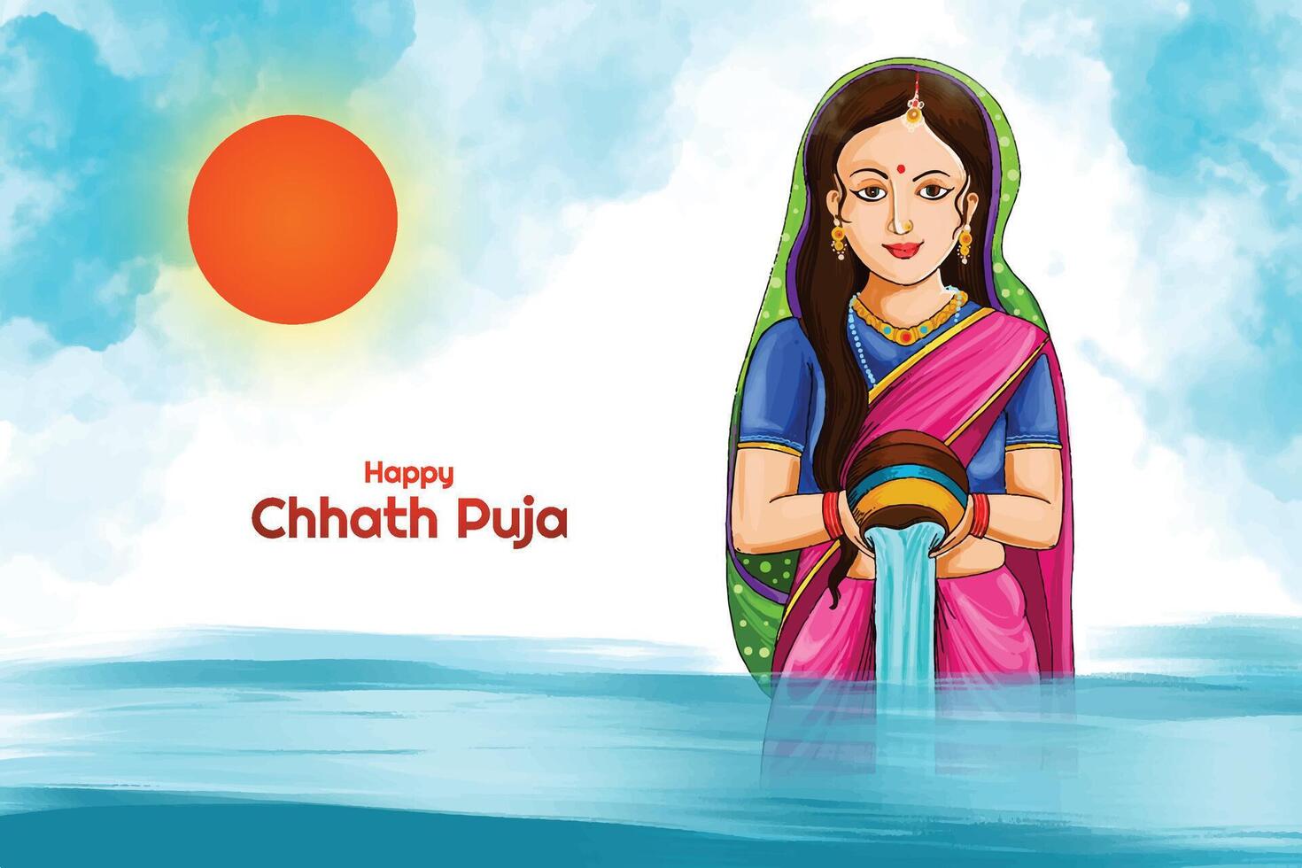 Indian women for happy chhath Puja with background and sun vector