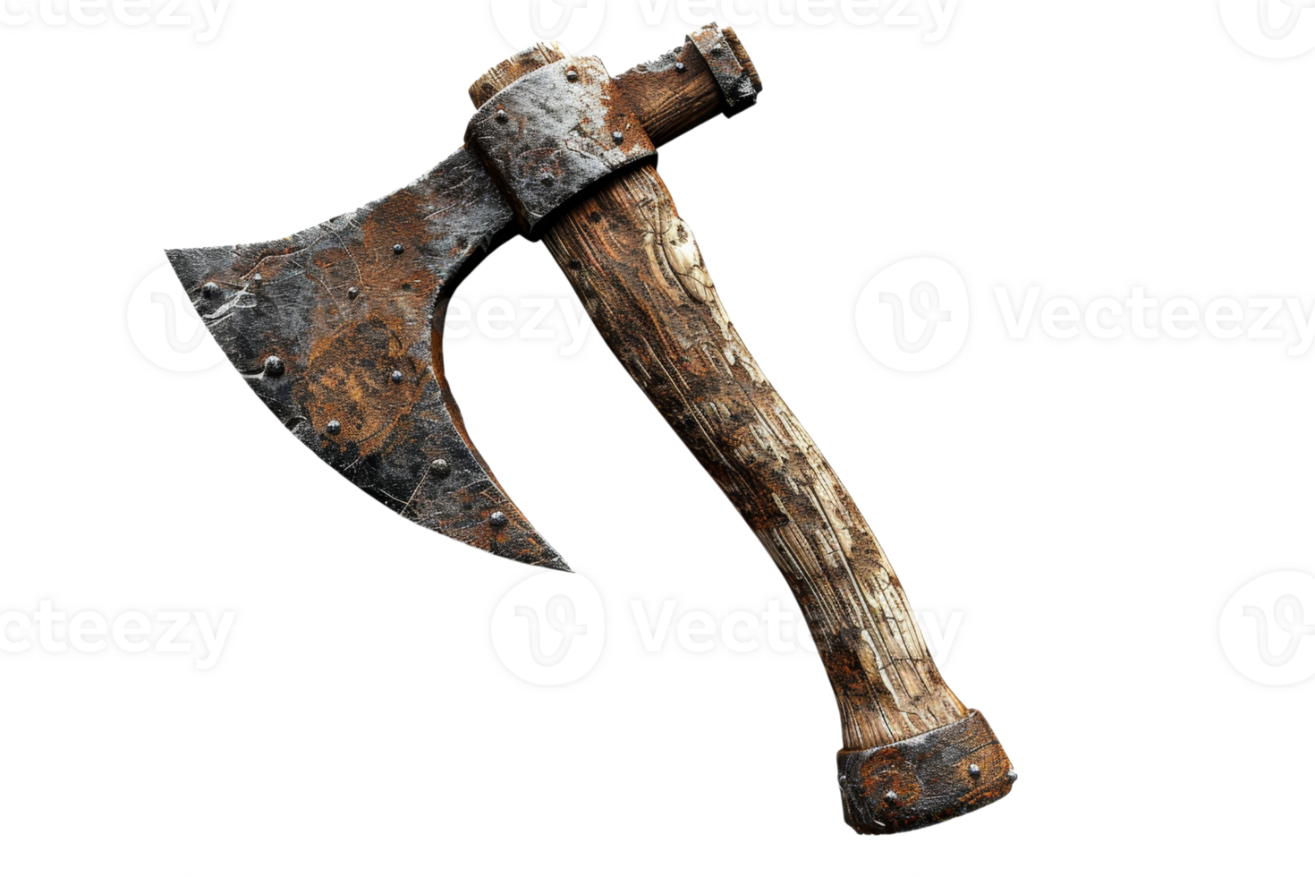 Rusted, weathered axe with a wooden handle, isolated on a transparent background. Perfect for themes of history, survival, and rugged tools. png