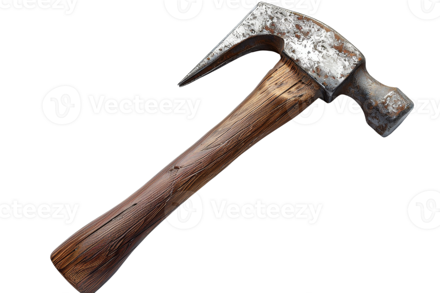 Rustic hammer with wooden handle and worn metal head, showcasing rugged tool's charm and durability, perfect for carpentry or DIY projects. png