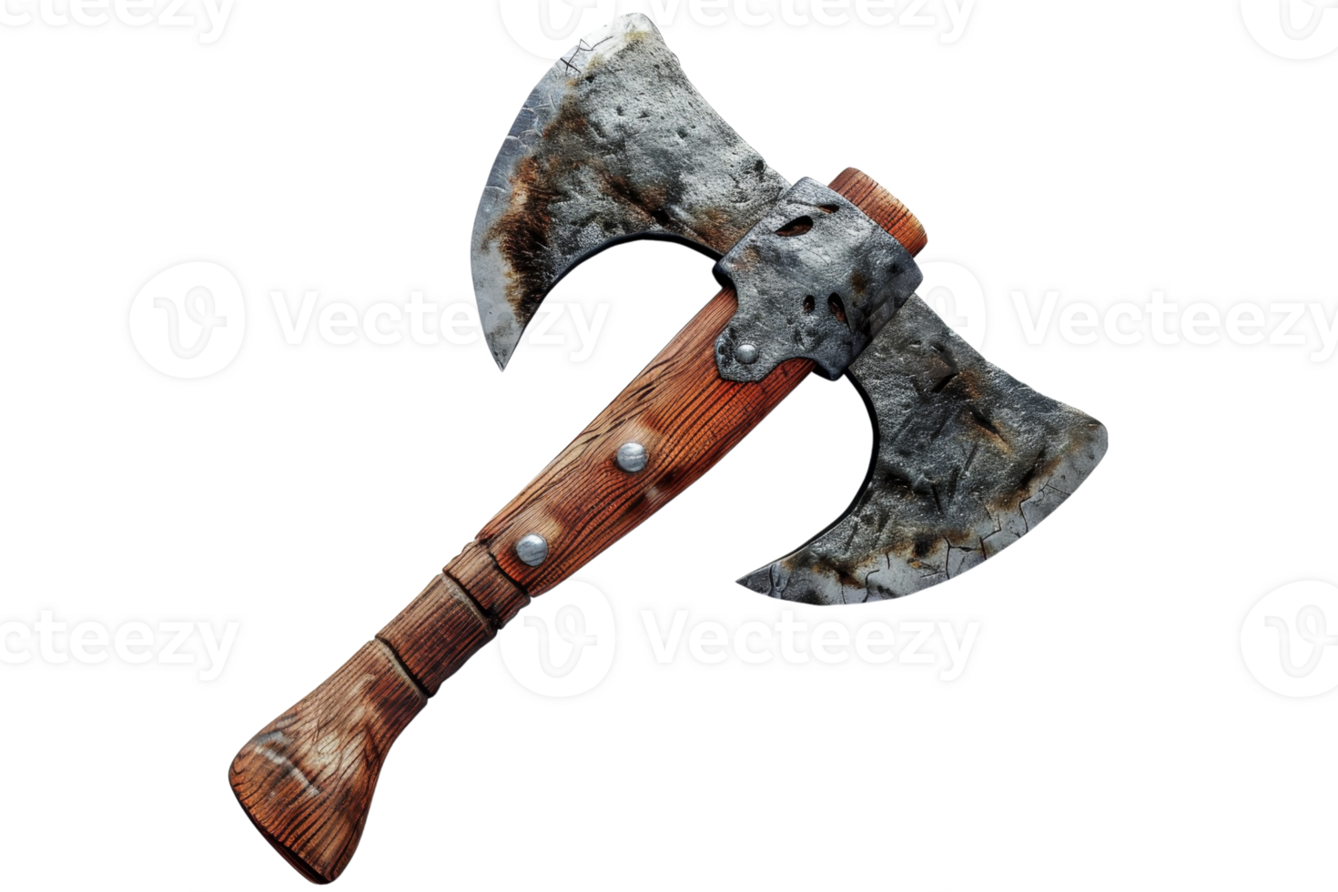 Rustic double-headed axe with a wooden handle, commonly used as a medieval weapon or tool. Ideal for historical reenactments or fantasy themes. png