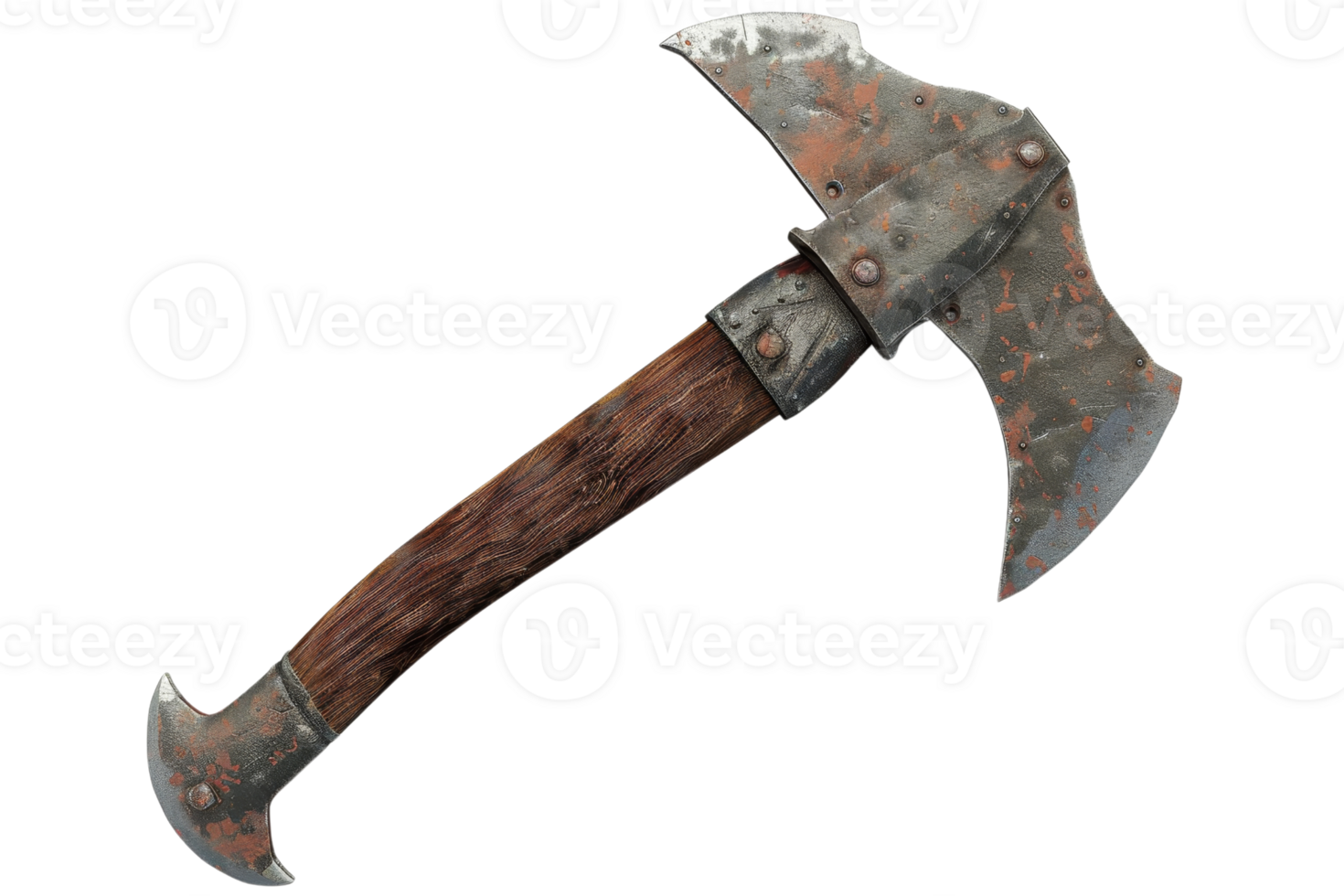 Rustic medieval double-headed axe with worn wooden handle and metal blade, isolated on transparent background. ideal for historical and fantasy themes. png