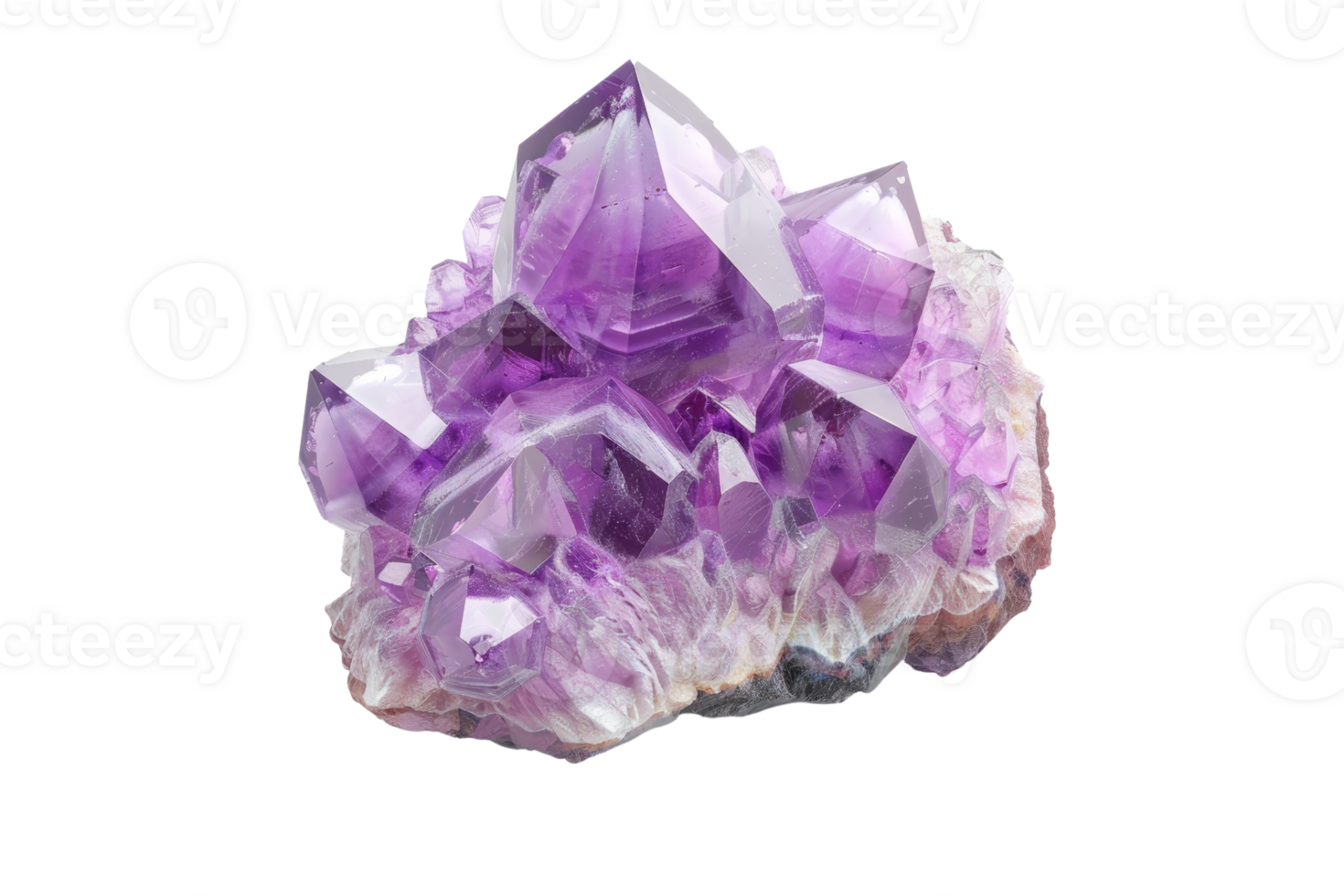 Stunning purple amethyst crystal cluster showing sharp, angular formations, isolated on a transparent background. png