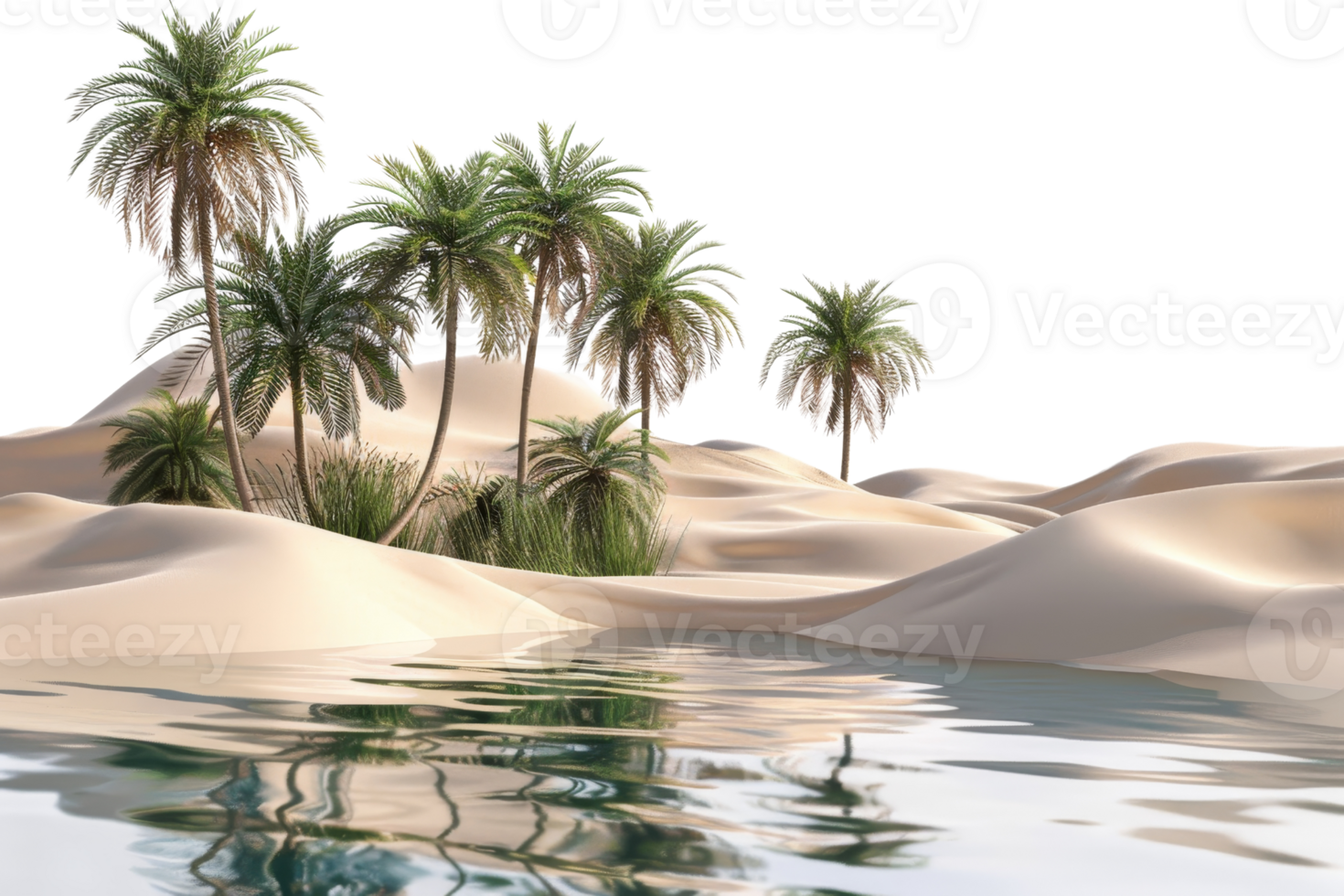 Serene desert oasis with palm trees reflecting in calm water, surrounded by sand dunes and clear sky, creating a tranquil natural scene. png