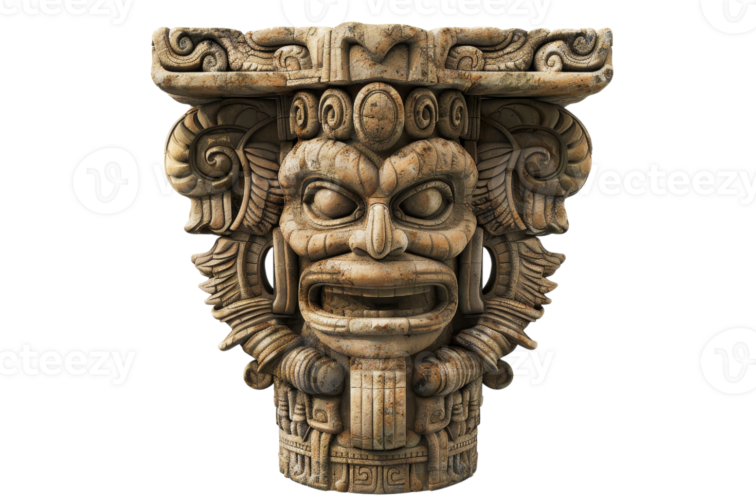 Intricately carved ancient stone idol depicting a mythical deity or spirit, showcasing detailed craftsmanship and cultural significance. png