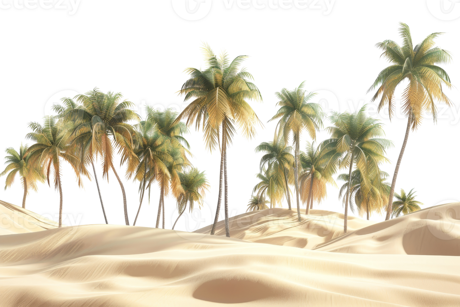 Serene tropical desert landscape with lush palm trees and undulating sandy dunes under a bright, clear sky. png