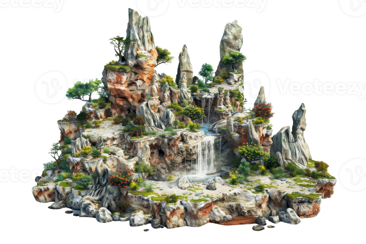 Scenic miniature landscape with rocky formations, lush greenery, and a serene waterfall, showcasing natural beauty in a compact arrangement. png