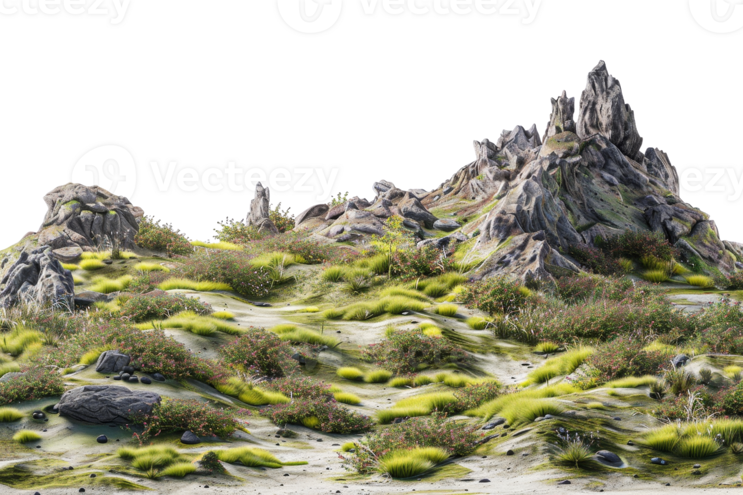 Rocky terrain with patches of green moss and small shrubs, creating a natural landscape with rugged rock formations and lush vegetation. png