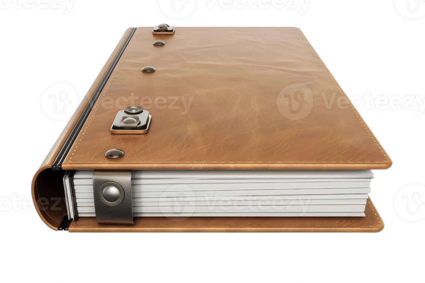 Leather-bound document binder with metallic accents on transparent background. perfect for office, business, or educational use. png
