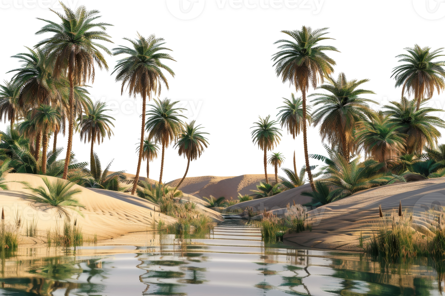 Idyllic desert oasis with lush palm trees, calm water, and sandy banks reflecting the serene beauty of untouched nature. png