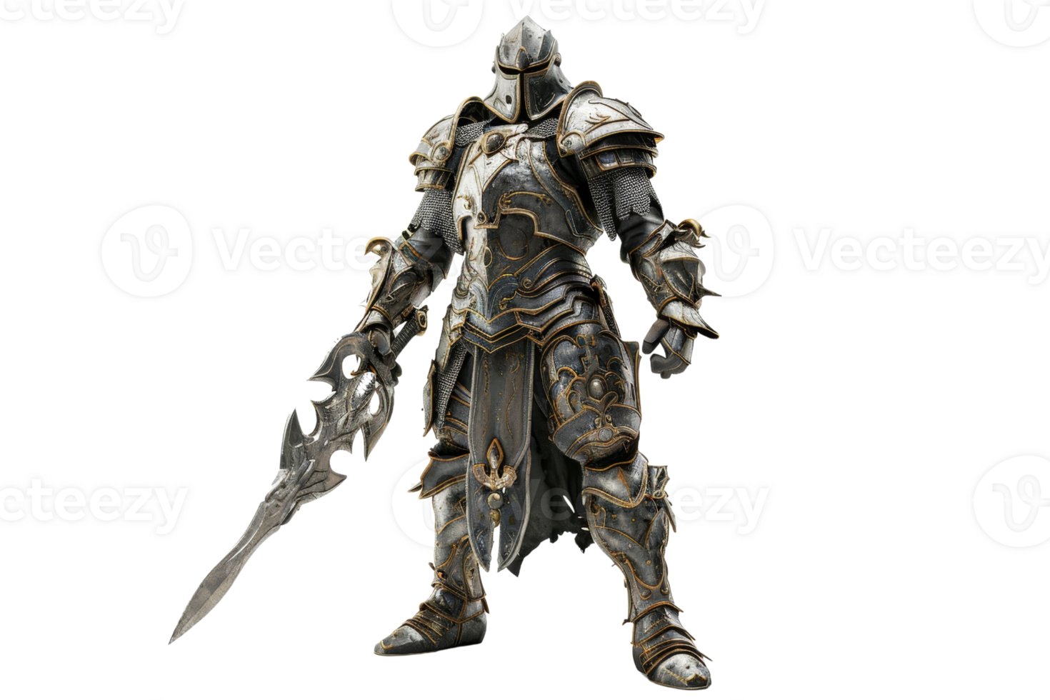 Medieval knight in detailed armor holding a large sword, ready for battle. Perfect for fantasy and historical themed projects. png