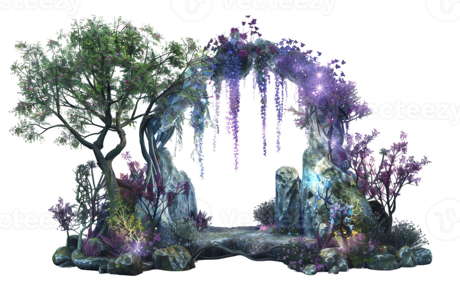 Magical forest portal with glowing lights, surrounded by mystical trees and plants, creating an enchanting, fairy-tale atmosphere. png